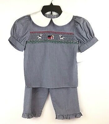 Tricia / 2pc Smocked Front Outfit / Blue Gingham Farm Barn Animals / Girls 6X