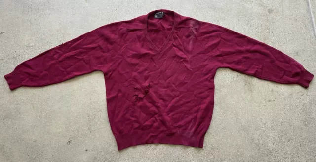 Vintage Lambswool Red Pure New Wool Distressed Sun Faded V-Neck Sweater Size 46