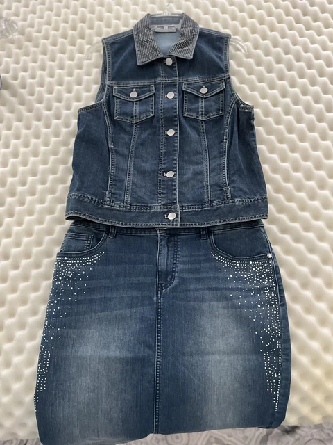Chico Women Platinum Denim Vest And Skirt Set Rhinestone Decorated Size 1/15