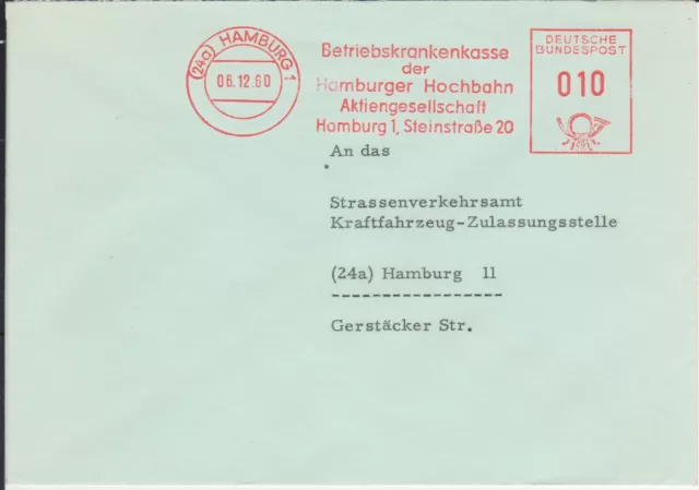 Firmenbrief mit Freistempel / AFS Hamburg 1, Betriebskrankenkasse Hochbahn, 1960
