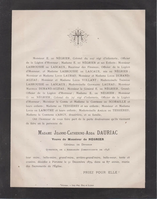 1879 FAIRE-PART DÉCÈS Adda DAURIAC veuve du Général François de NÉGRIER ...