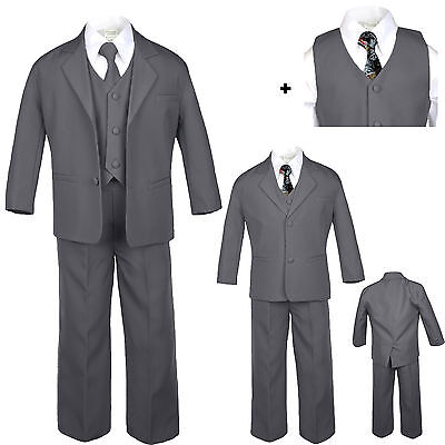 Baby Toddler Teen Formal Dark Grey Tuxedo 6pc Set Boy Suit Artsy Necktie sz S-20