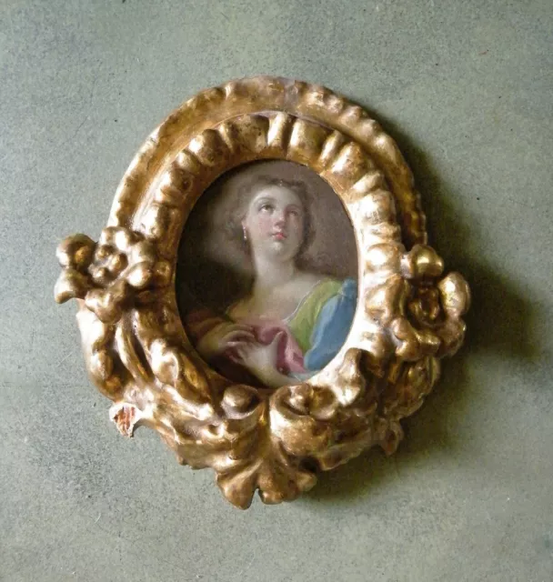 Stunning Baroque Miniature - St. Catherine. 17th C Oil  On Copper. Carved Frame.