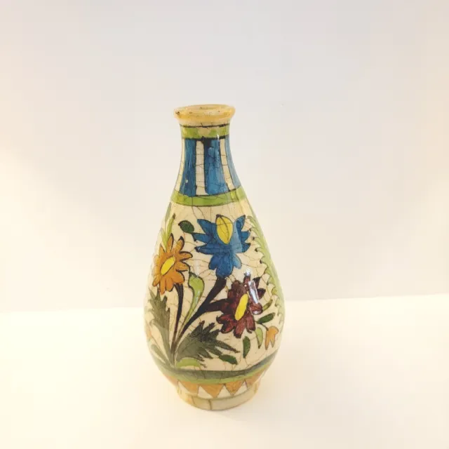 Antique Iznik Bottle Flask Vase Persian Qajar Hand Thrown Painted Florals