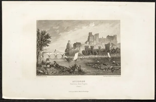 1862 - View of The Town D'Avignon, Bridge And Palace Popes - engraving antique