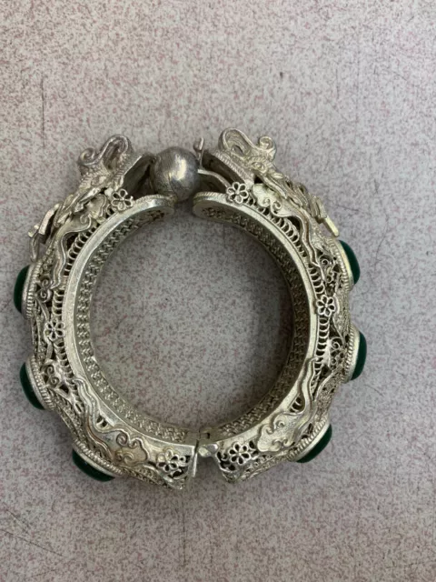 Large Tibetan Silver *2Dragons* Inlay Green Jade Beads Hand Made Bangle Bracelet