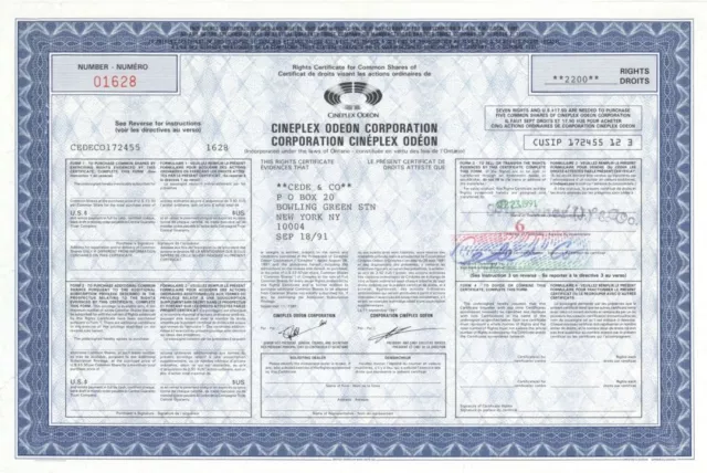 Cineplex Odeon Corp. - Entertainment Stock Certificate - Entertainment Stocks &