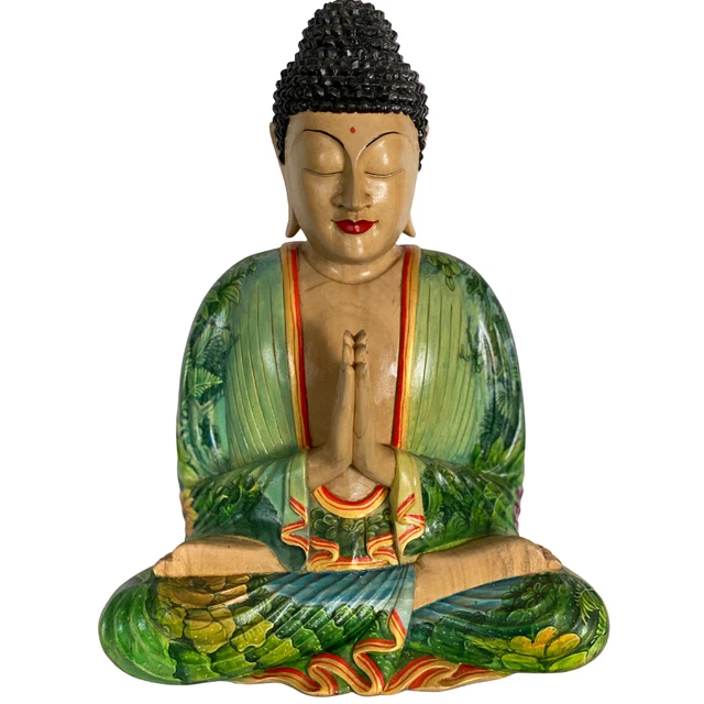 Namaste Buddha Statue Anjali Mudra Statue Painted Carved Wood Sculpture Bali Art 2