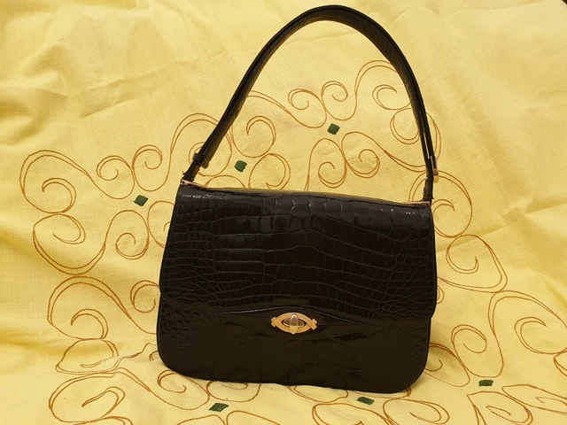 Sac à Main Vintage En Vrai Crocodile - Marron - 2 Compartiments - Dimensions : 23x18x6 Cm