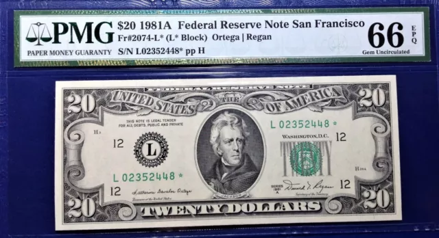 1981A $20 Federal Reserve Note Fr-2074-L* San Francisco PMG66 Gem EPQ