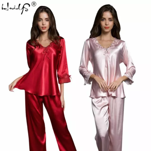 Autumn Women's Silk Satin Pajamas Pyjamas Set Nightgown Sleepwear Homewear Pjs
