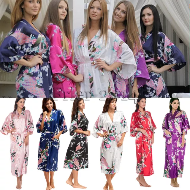 Womens Silk Satin Kimono Robe Dressing Gown Lady Nightwear Bathrobe Nightgown