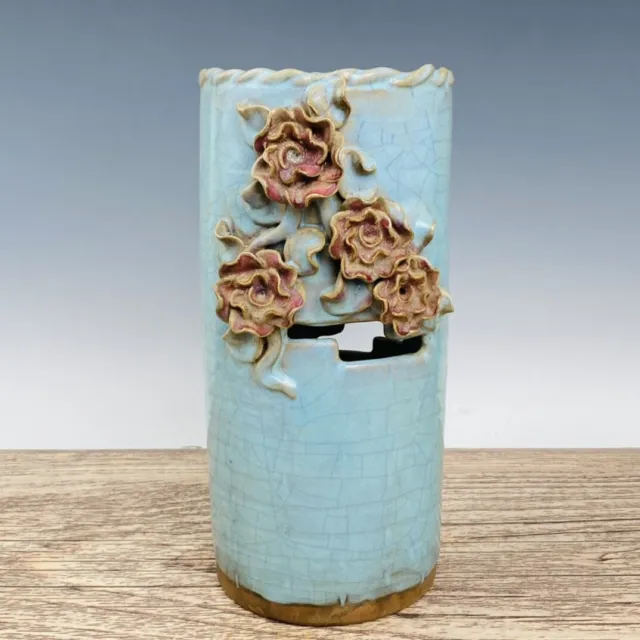 12.6" Old China Porcelain song dynasty jun kiln cyan Ice crack flower Brush Pot