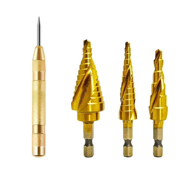 Titanium HSS Step Drill Bit Set with Center Punch, High-Speed Steel Ste NEW **FR