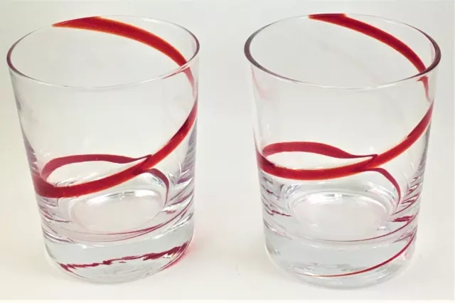 Set of 2 Pier One Red Swirl Ribbon Old Fashion Highball Tumbler Glasses Retired