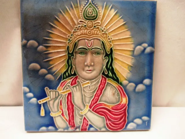 Antique Tile Art Nouveau Majolica Porcelain Hindu God Lord Krishna Japan Old"707 2