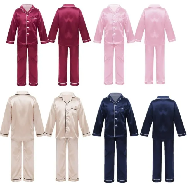 2Pcs Kids Boys Girls Clasic Silk Pyjamas Outfit Sleepwear Nightwear Loungewear