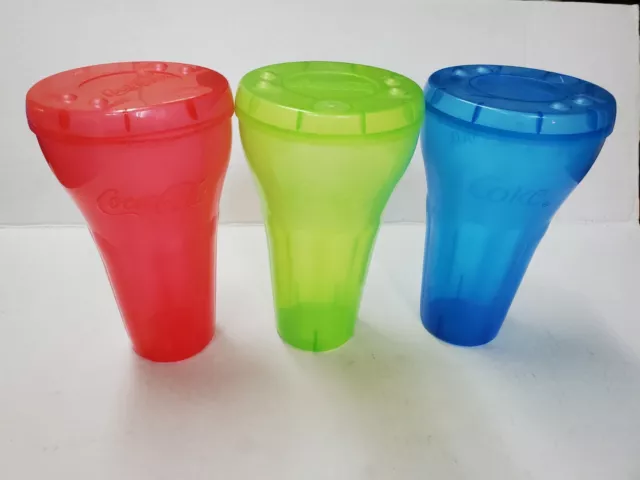 Vintage/ New  32Oz Plastic Coca-Cola Cups w Lids/ Red, Blue & Green $17.99 for 3