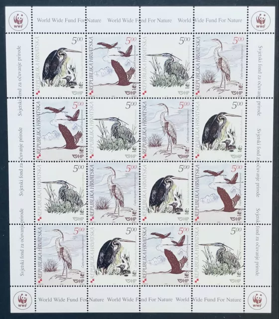 Croatia Wwf Purple Heron Bird Stamps Sheet Of 16 Mnh 2004 Nature Wildlife Fauna