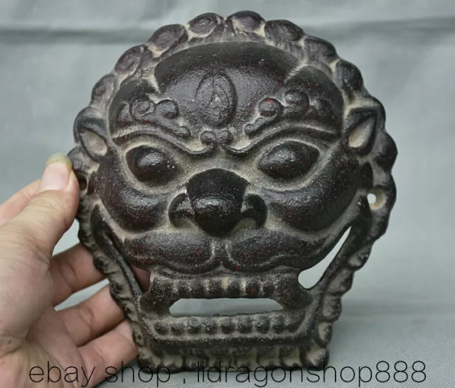 6.8 "Vieux fer de Chine Feng Shui Foo Dog Lion Face Head Door Heurtoir