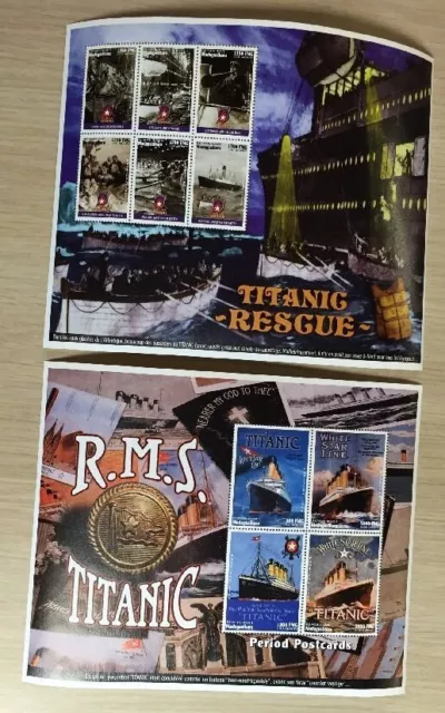 2 Madagascar RMS TITANIC Sheets, Rescue-6 Stamp Block & Period Postcard 4 Stamps