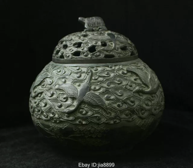 Old Chinese Bronze Crane Turtle Statue Smoke Incense Burner Censer Sculpture