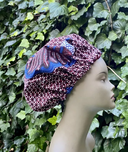 Bonnet grande taille en wax et satin bleu réversible :  accessoires-accessoires-pour-cheveux par mywawaxboutique