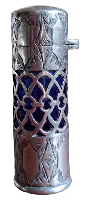 Antique Sterling Silver & cobalt glass PERFUME BOTTLE - George Watson 1902.