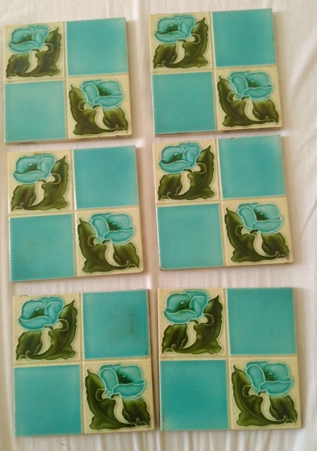 6  Art Nouveau Original Floral Turquoise Tiles Circa 1900's