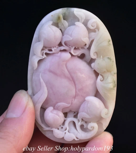 2.6" Chinese Natural Pink Dushan Jade Carved Fengshui Peach Bat Pendant Amulet