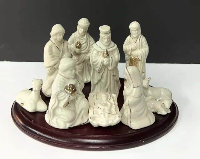 Vtg Ivory & Gold 11 Piece Porcelain Christmas Nativity Set w/ Wooden Base