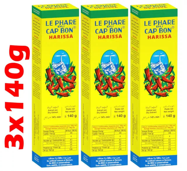 3 tubes Harissa Paste LE PHARE DU CAP BON 3x140g, Hot Red Chilli Peppers Sauce
