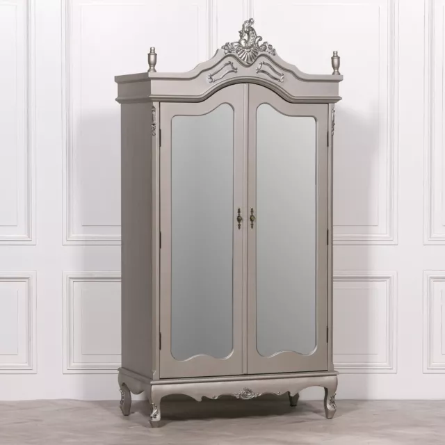 French Style Chateau Style Chic Antiqued Silver Mirrored Double Armoire Wardrobe