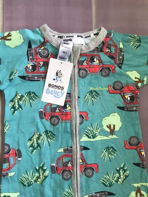 BNWT BONDS BLUEY WONDERSUIT - ZIPPY - SIZE 3   (red car)  Boys or Girls.