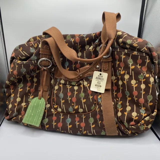 FOSSIL LARGE WEEKENDER Canvas Duffle Travel Bag Brown Key Charm