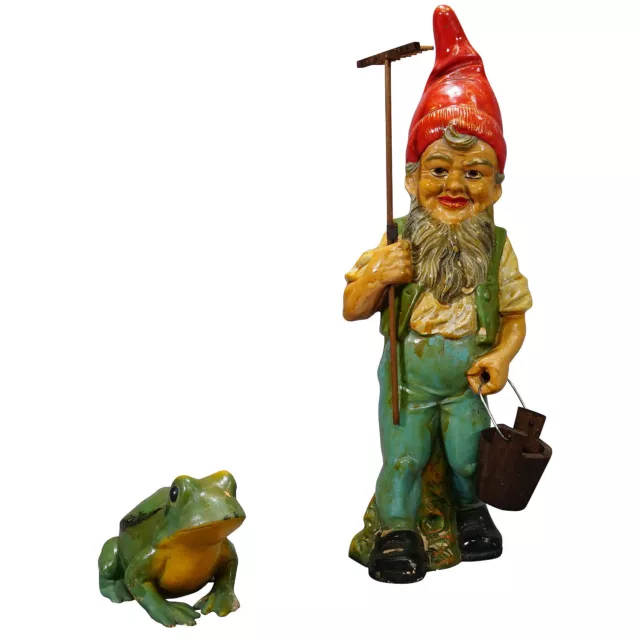 Vintage Terracotta Garden Gnome with Frog, Germany ca. 1950s