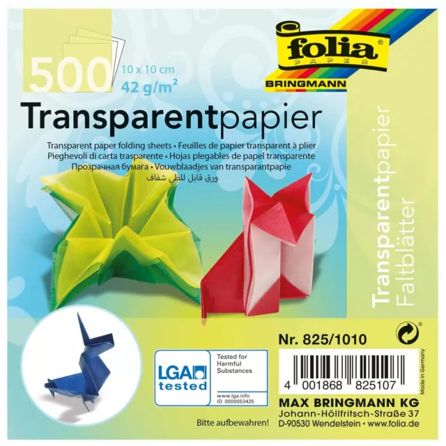 folia 825/1010 Transparentpapier Faltblätter 42g/m², 10 x 10 cm, 10 Farben, mehr