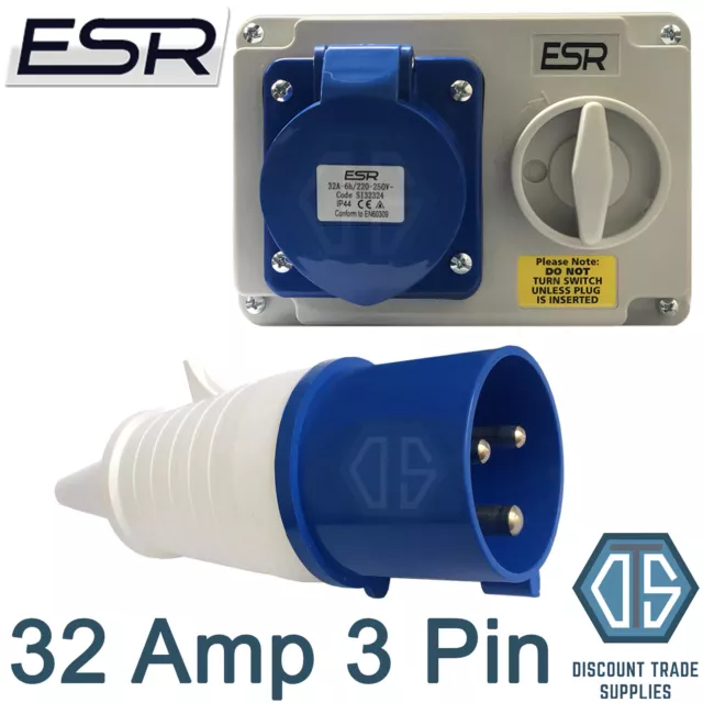 32 Amp 3 Pin Interlock Socket Switch with Industrial Trailing Plug IP44