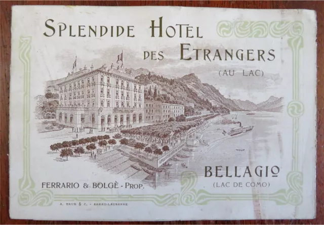 Folleto de viaje Hotel Splendide Bellagio Italia Lago de Como c. 1890 Grand Hotel