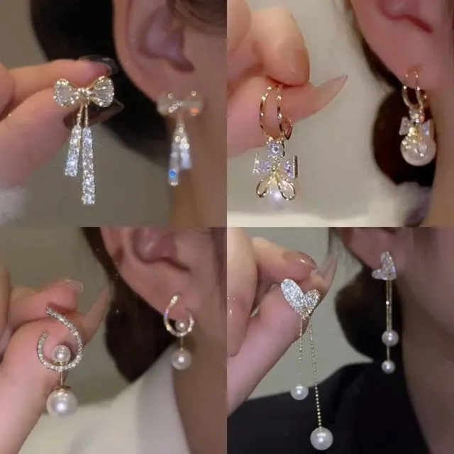 Fashion Zircon Crystal Pearl Bowknot Tassel Earrings Drop Dangle Women Jewelry