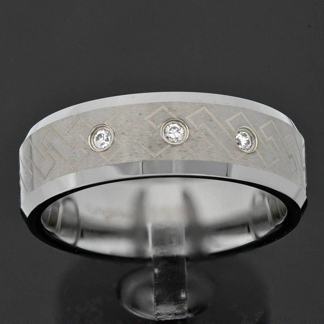 8mm Tungsten Ring 3 Stone CZ Celtic Knot Satin Top Bevel Edge Men's Wedding Band