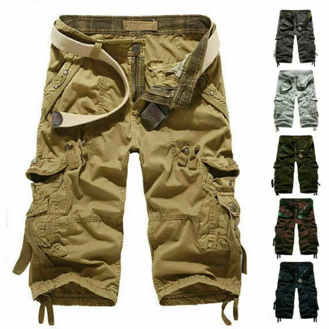 Mens Casual 3/4 Long Length Shorts Elasticated Waist Cotton Cargo Combat PantsH1