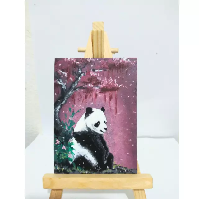 ACEO original painting giant white panda handmade miniature art card OOAK Signed