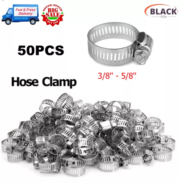 50pcs HOSE CLAMPS 3/8" - 5/8" Adjustable Steel Band Worm Clip Universal 304SS