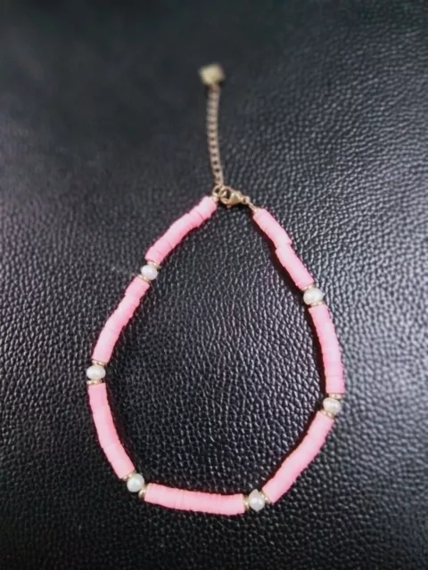 Bracelet chaine de cheville perles surfeur rose en acier inoxydable doré , neuf