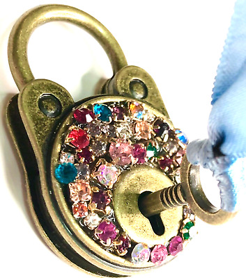 One Brass Padlock & Key Size 46mmx29mmx11mm Lock Blinged Out with Rhinestones 2