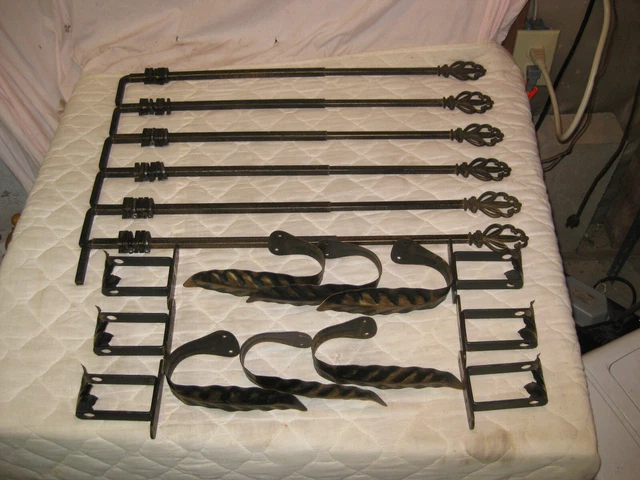 RARE COMPLETE SET of Art Deco Nouveau 3 Pairs Swing Arm Curtain Rods + Tie Backs