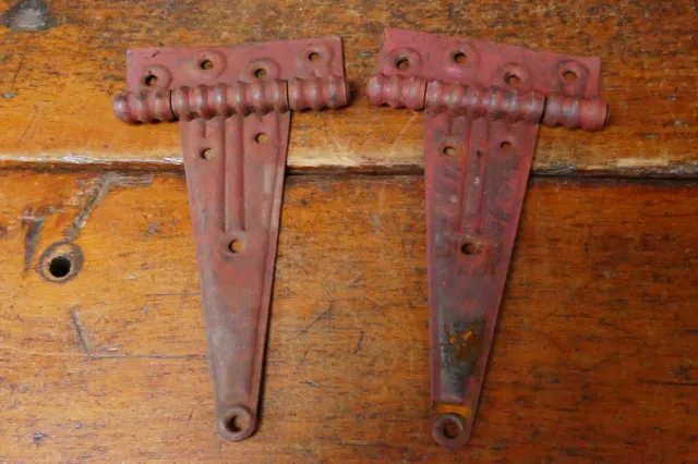 2) Antique Vintage Barn Door Shed Cabin Strap T Salvaged Hinges Rusty Patina 10”