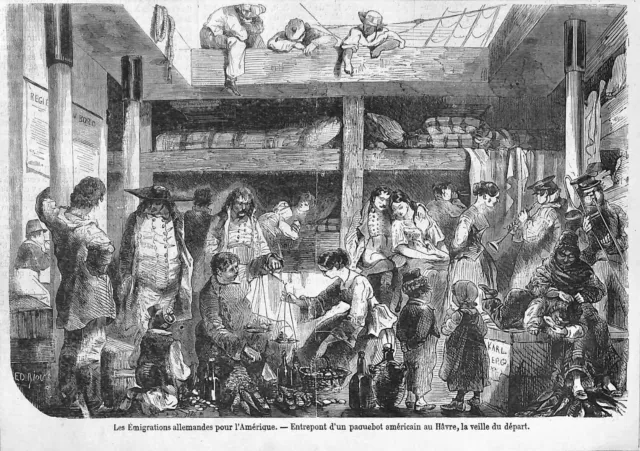 Le Havre German Emigration Allemande American Ship Gravure Engraving 1857