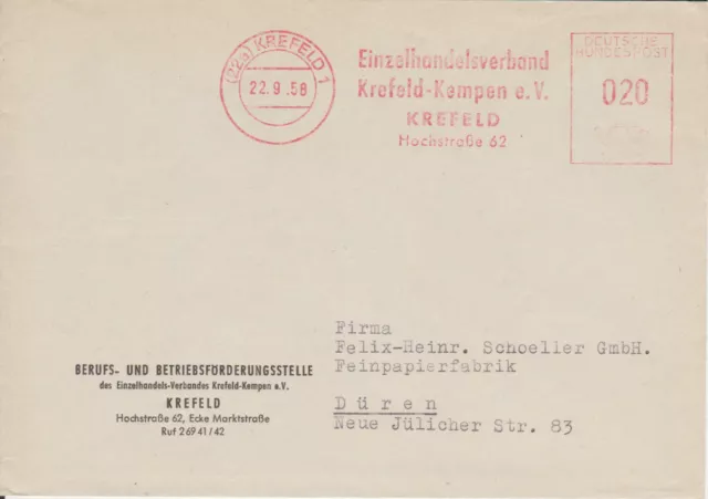 Geschäftsbrief mit Freistempel / AFS Krefeld, Einzelhandel Krefeld-Kempen, 1958